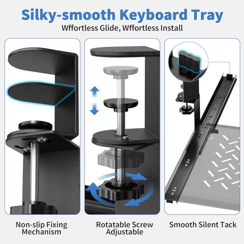 Keyboard Tray Under Desk - Full Metal Slide Out Holder, Rust-Resistant & Scratch-Proof, 26x13" Tray, Double C-Clamps for L Shape/Regular Desks, Standing/Sitting Workstation(Black-A)