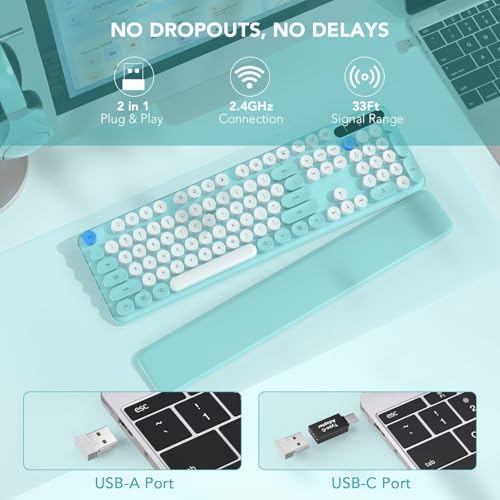 Wireless Keyboard, Round Keycaps, Retro Typewriter Keyboard with Detachable Wrist Rest, Sleep Mode, Foldable Legs, 2.4GHz Full-Size Cordless Computer Keyboard for Windows/PC/Laptop (Tiffany Blue)