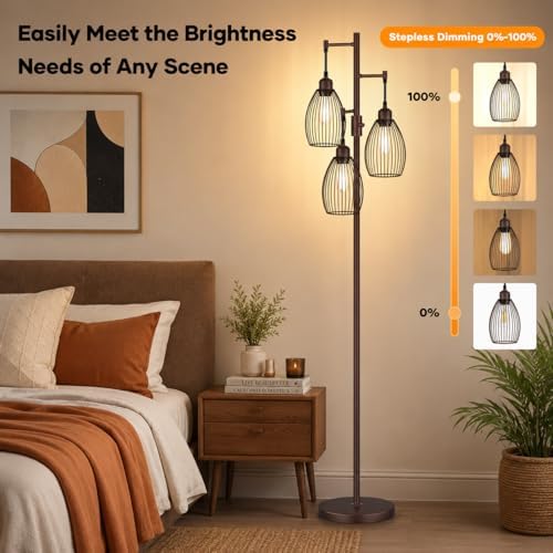 Nintiue Dimmable Floor Lamp,3x800LM LED Bulbs Included, Farmhouse Industrial Floor Lamp Standing Tree Lamp with Teardrop Cage Head Tall Lamp for Living Room Bedroom Office Dining Room - Matte Brown