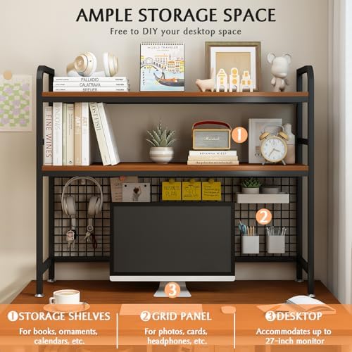 IOTXY 2-Tier Desktop Hutch Bookshelf, Metal Desk Shelf, Black, 37.4" W