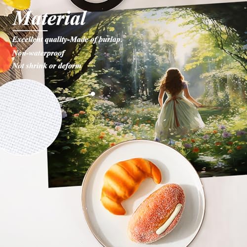 Shrahala Girl in Garden Vibrant Scene Set of 4 12 X 18 Inch Linen Placemats, Beautiful Natural Setting Burlap Table Mat Washable Double Layered Heat Insulation for Indoor/Outdoor