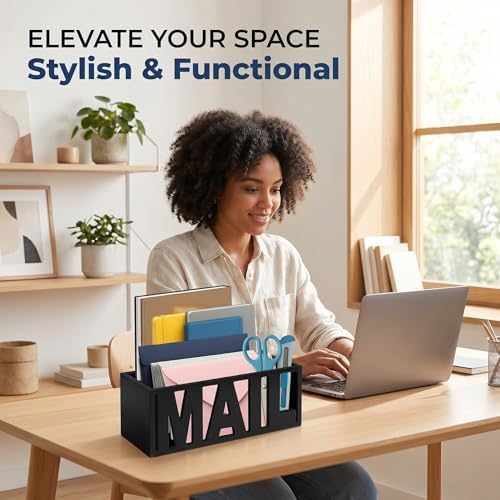 Mail Organizer Countertop, Desk or Wall Mail Holder for Bill Storage, Black
