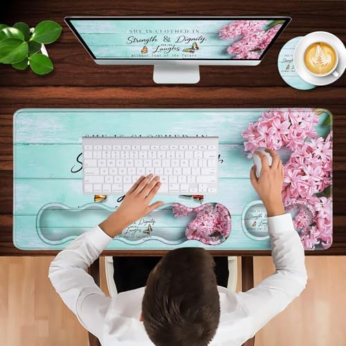 Keyboard Wrist Rest and Mouse Pad with Wrist Support Set Ergonomic Coaster,Memory Foam,Easy Typing Pain Relief,Large XL Desk Mat 31.5"x 11.8",Pink Hyacinth Bible Verse Proverbs 31-25