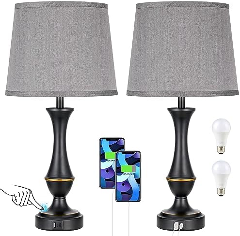 Touch Lamps for Nightstand, 3 Way Dimmable Lamps for Bedroom with USB C+A