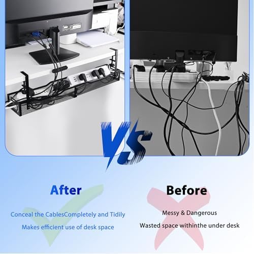 Under Desk Cable Management Tray 25.3 Inch, Clamp-On Cable Organizer Box for Standing Desks, No Drill Cord Management Under Desk, Large Desk Wire Organizer for Office & Home, Black