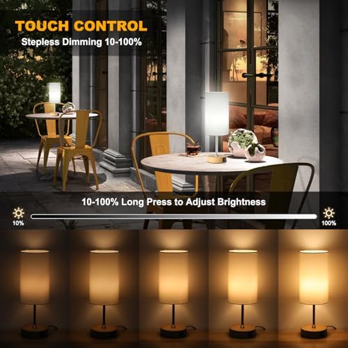Unicozin Table Lamp with Wood Grain Base, 3 CCT 3000K/4500K/6500K & RGB Color Changing, Stepless Dimmable Small Bedside Lamp for Reading, Ambience Nightstand Light for Home Decor Party, White Shade