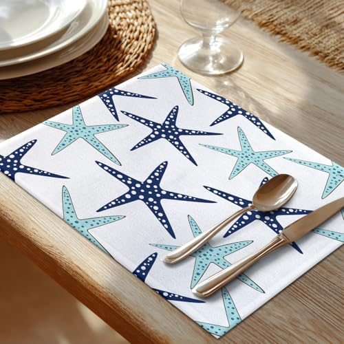 Shrahala Nautical Starfish Placemats, Table Mat Linen Burlap Washable Double-Deck Heat Insulation for Dining Table Kitchen Table Set of 4 (12 x 18 inch),Sky Blue White Navy Sea Star