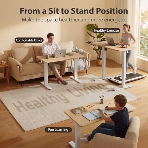 Cubiker Standing Desk, 40x24 Inches Sit Stand Home Office Desk, Electric Stand up Desk, Adjustable Desk with Splice Board, White Frame/Maple Top