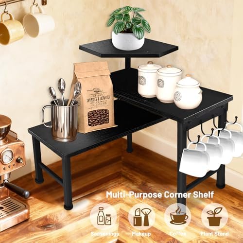 Counter Organizer Shelf, 3 Tier Moveable Black Corner Shelf Organizer with Hook, Counter Shelf for Kitchen Bathroom Spice Rack Coffee Area Over Sink Dresser Table (Black)