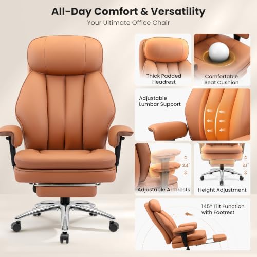 Ergonomic Big and Tall Office Chair with Lumbar Support and Footrest, Brown