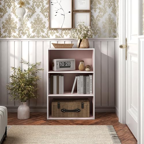 Homes: Inside + Out Apexa 3-Tier Cube Storage Organizer Shelves, Stackable Wood Bookcase Fits Cubby Bins for Organization, Dorm Teen Room Decor & Home Office, Light Pink