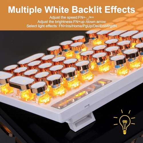 Camiysn Typewriter Style Mechanical Keyboard, Retro Punk Gaming Keyboard with Gold LED Backlit, Cute Wired Keyboards,104 Keys Full Size Keyboards, Uique Round Keycaps for Windows/Mac/PC(White&Gold)