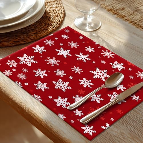 Shrahala Christmas White Snowflakes Set Of 4 12 X 18 Inch Linen Placemats , Red Background Cute Burlap Table Mat Washable Double Layered Heat Insulation For Indoor/Outdoor
