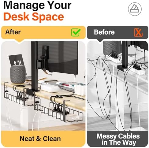 2 Pack Cable Management Under Desk Tray, 31.4" No Drill Under Desk Wire Management with Upgraded Clamp, Metal Cord Organizers for Desk with Cable Organizers, PC Cable Management Rack, Black