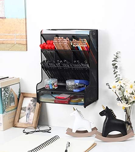 PAG-Mass Desk Organizer with Drawer Office Supplies and Accessories Storage Caddy Hanging Wall Shelf Metal Mesh Pencil Holder for Kids, 9 Compartments, Black