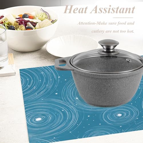 Shrahala Concentric Ripples Placemats, Blue with White Circles Stars Table Mat Linen Burlap Washable Double-Deck Heat Insulation for Dining/Kitchen Table Set of 4 (12 x 18 inch)