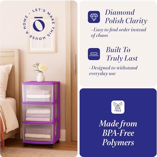 HOMZ Drawer Tower, 3-Tier Storage Cart w/Removable Wheels, Purple, 2 Pack