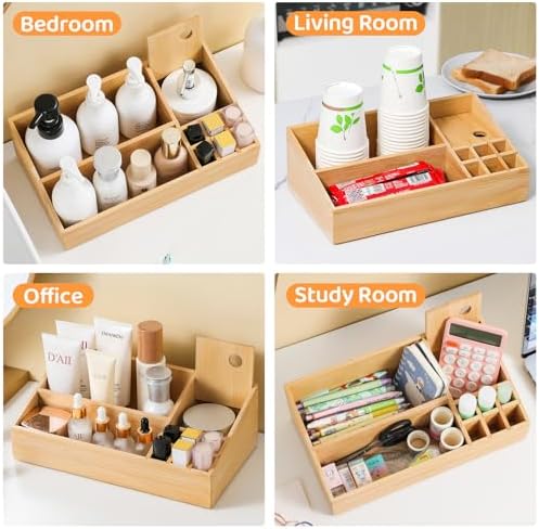 Bamboo Makeup Desk Organizer, Makeup Storage Organization Table Box, Suitable for Desk Organizer and Storage Dressing Table, Bathroom Desk, Counter