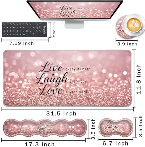 Keyboard Wrist Rest and Mouse Pad with Wrist Support Set Ergonomic Coaster,Memory Foam,Easy Typing Pain Relief,Large XL Desk Mat 31.5"x 11.8",Rose Gold Glitter Quote Live Laugh Love