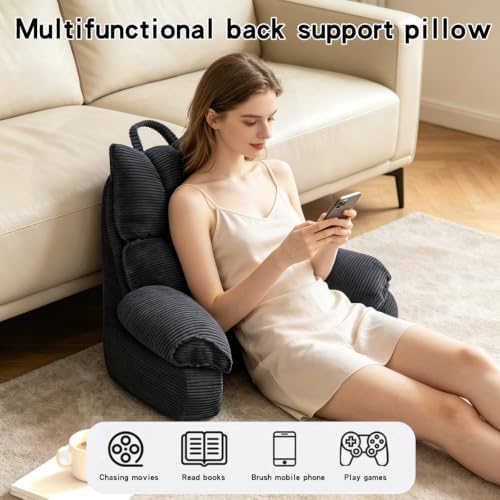 Reading Pillow for Bed with Arms, Back Support, Memory Foam（Grey Black）
