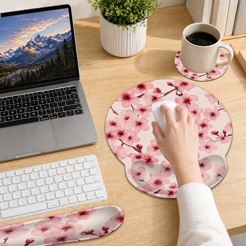 Cherry Blossoms Ergonomic Keyboard and Mouse Wrist Rest Set, Japanese Style Mouse Pad with Non Slip Base, Soft Cloth Surface for Office and Home Typing Support