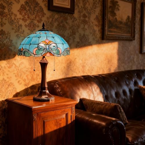 Tiffany Lamp 16" Large Blue Stained Glass Table Lamp for Living Room