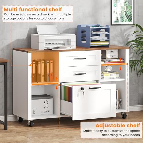 3 Drawer Wood Lateral File Cabinet with Lock, Rolling Mobile Filing Cabinet with Open Storage Shelves, Printer Stand Office Storage Cabinet for Home Office Fits Files Legal/A4 Size, White