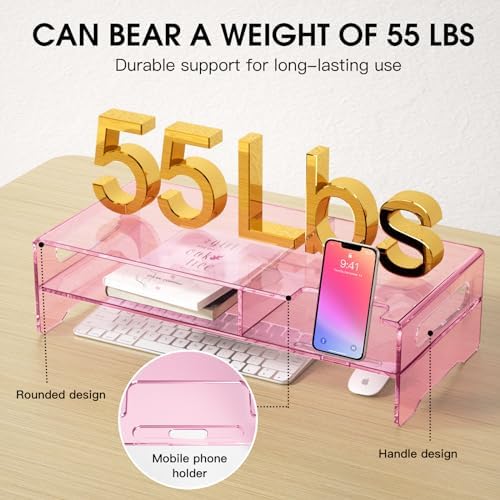 Pink Acrylic Monitor Riser, 2-Tier Desk Computer Stand With Storage & Phone Holder