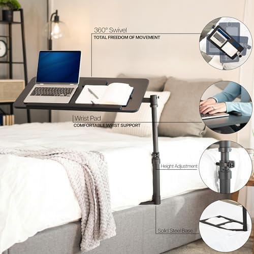 Height Adjustable Under Mattress 30 inch Bedside Desk, Works with Lofts and Beds Without Frames, Tilting Desktop, Fits Laptops, Books, and More, Black