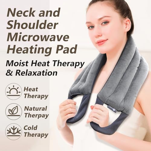 AiricePac Microwave Heating pad for Neck and Shoulders Back 33 * 5" microwavable Moist Heat Pack Warm hot Compress Neck wrap Weighted Rice Bean Bag Reusable Herbal Nature Calming Portable Grey