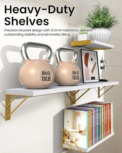 BAYKA Wall Mounted Floating Shelves (White and Gold, Set of 4, 16" Mixed)
