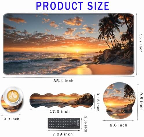 Mouse Pad,Large Pink Desk Mat, 4in1 XXL Mousepad + Keyboard Wrist Rest+Mouse Wrist Rest+Coaster Set with Ergonomic Desk Pad for Home Office Table Computer-Sunset Beach