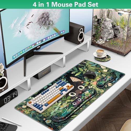 Canjoy Desk Mat with Wrist Rest, Anime Black Cats Keyboard and Mouse Pad