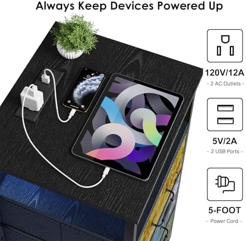 Fixwal Night Stand with 3 Fabric Drawers, Nightstand with Charging Station