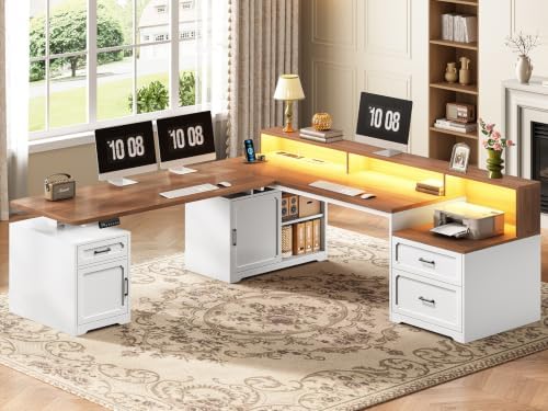 SEDETA Farmhouse L Shaped Standing Electric Desk with Storage, White
