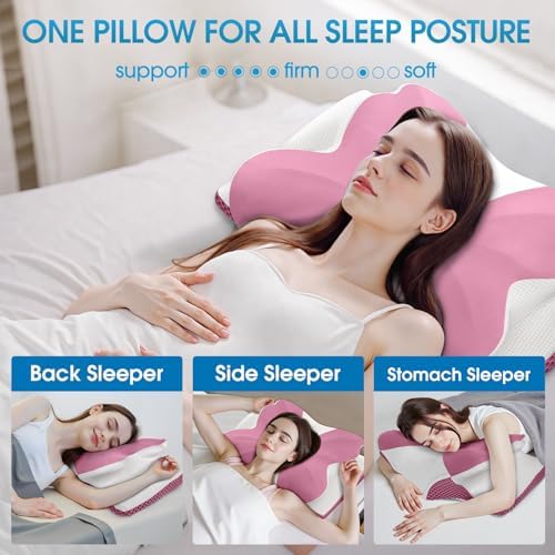 CloudBliss Cervical Memory Foam Pillow for Neck and Shoulder, Contour Neck Support Pillow with Cooling Case, Ergonomic Bed Pillow, Support for Side Back Stomach Sleepers (Pink, Standard Size)
