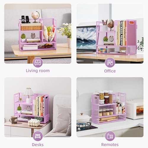 Marbrasse Desk Shelf Organizer with Handle, Bookshelf File Holder, Purple
