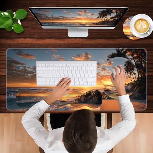Mouse Pad,Large Pink Desk Mat, 4in1 XXL Mousepad + Keyboard Wrist Rest+Mouse Wrist Rest+Coaster Set with Ergonomic Desk Pad for Home Office Table Computer-Sunset Beach