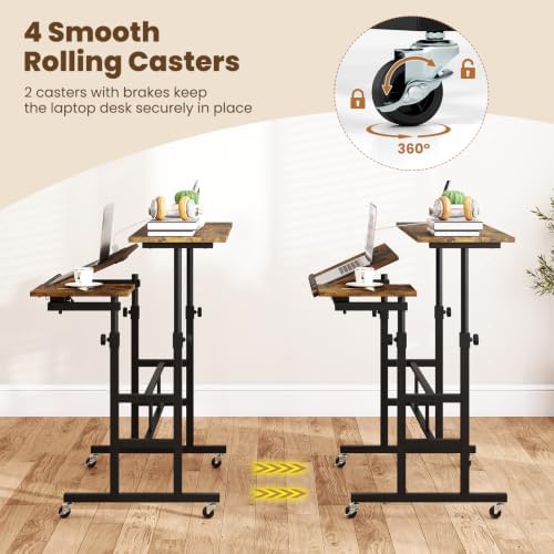 GIANTEX Mobile Standing Desk, Adjustable Rolling Computer Desk (Brown)