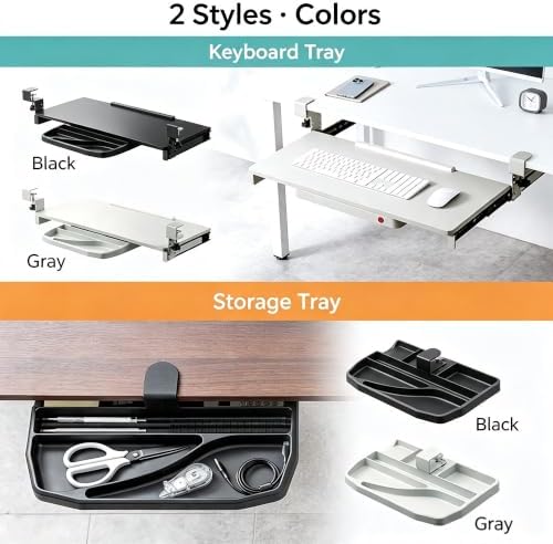 Clamp-On Under Desk Organizer, 360° Swivel Tray & 5-Height Keyboard Tray, No-Drill Mount, Hidden Mouse Pad Storage, Fits 0.59-1.57" Desks, Black/Gray-White, Gray-White, Single Storage Tray