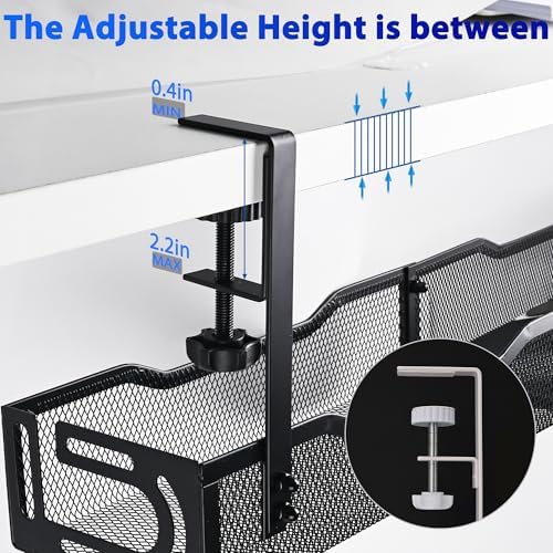 Under Desk Cable Management Tray 25.3 Inch, Clamp-On Cable Organizer Box for Standing Desks, No Drill Cord Management Under Desk, Large Desk Wire Organizer for Office & Home, Black