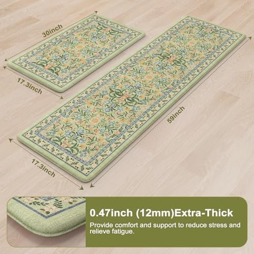 Collive Kitchen Rugs Sets of 2 Non Slip Washable, Green Kitchen Floor Mats
