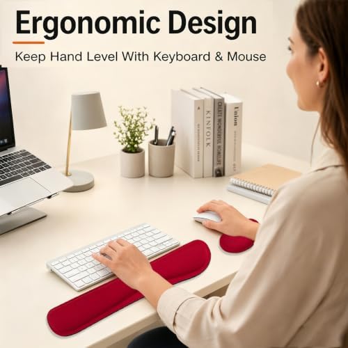 Keyboard Wrist Rest and Mouse Wrist Rest Set - Ergonomic Memory Foam Wrist Cushion - for Wrist Support on Computer, Laptop, Office, Playing Games, Typing Relieves Wrist Pain Red