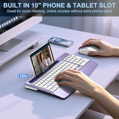 Rechargeable Silent Wireless Keyboard and Mouse Combo, Ergonomic Wrist Rest & Phone Tablet Holder, USB-C Adapter Included, 2.4G Lag-Free Cordless Set for Windows Mac Laptop PC Home Office (Purple)