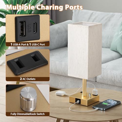 Gold Bedside Table Lamps Set of 2 - Dimmable, USB C+A, 2 AC Outlets
