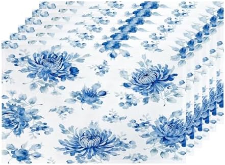 Shrahala Blue Vintage Peony Set of 6 12 X 18 Inch Linen Placemats, Midcentury Burlap Table Mat Washable Double Layered Heat Insulation for Indoor/Outdoor