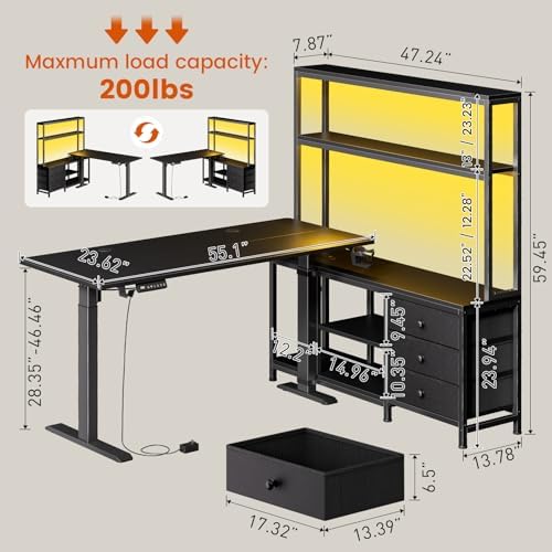 REAHOME 65Inch Black L Shaped Standing Desk with Drawers and Hutch