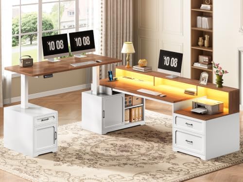 SEDETA Farmhouse L Shaped Standing Electric Desk with Storage, White