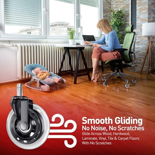 RIVEDA Office Chair Caster Wheels Set of 5 - Smooth 3 inch Heavy-Duty Replacement Rubber Wheels for Gaming & Desk Chair - Easy to Install, Suitable for Hardwood Floors, Carpet, Tiles (Clear)