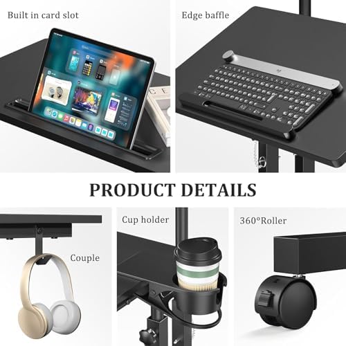 Simple Deluxe Split Top Rotating Standing Desk on Wheels – 23.6" Manual Adjustable Height Mobile Laptop Computer Table – Sit Stand Rolling Workstation with Tilt Function– Black